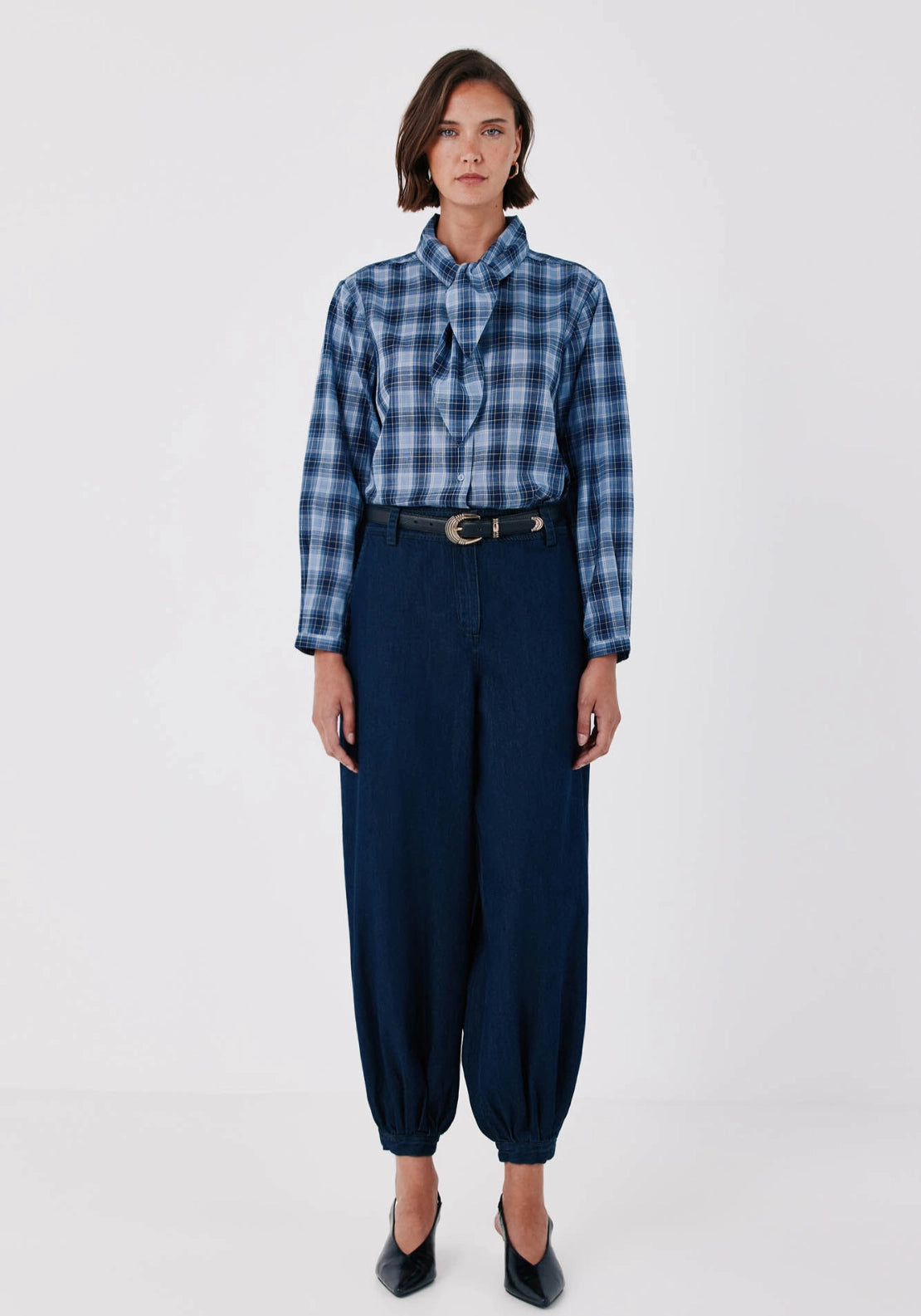Plaid Tie Collar Blouse - Blue Print