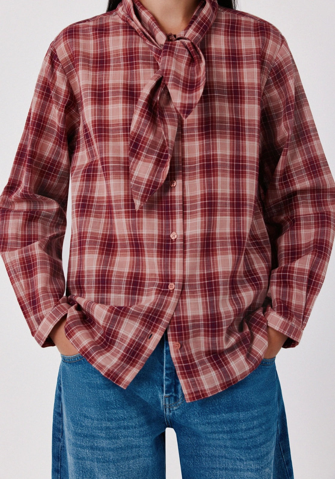 Plaid Tie Collar Blouse - Pink