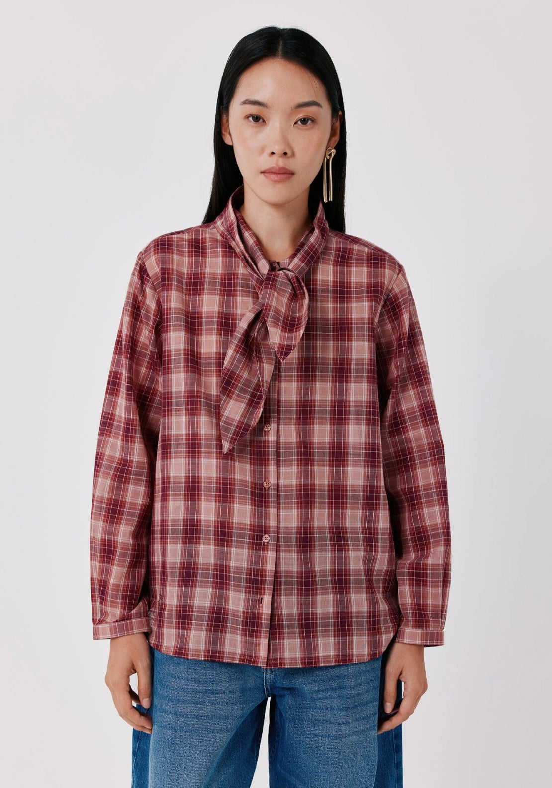 Plaid Tie Collar Blouse - Pink