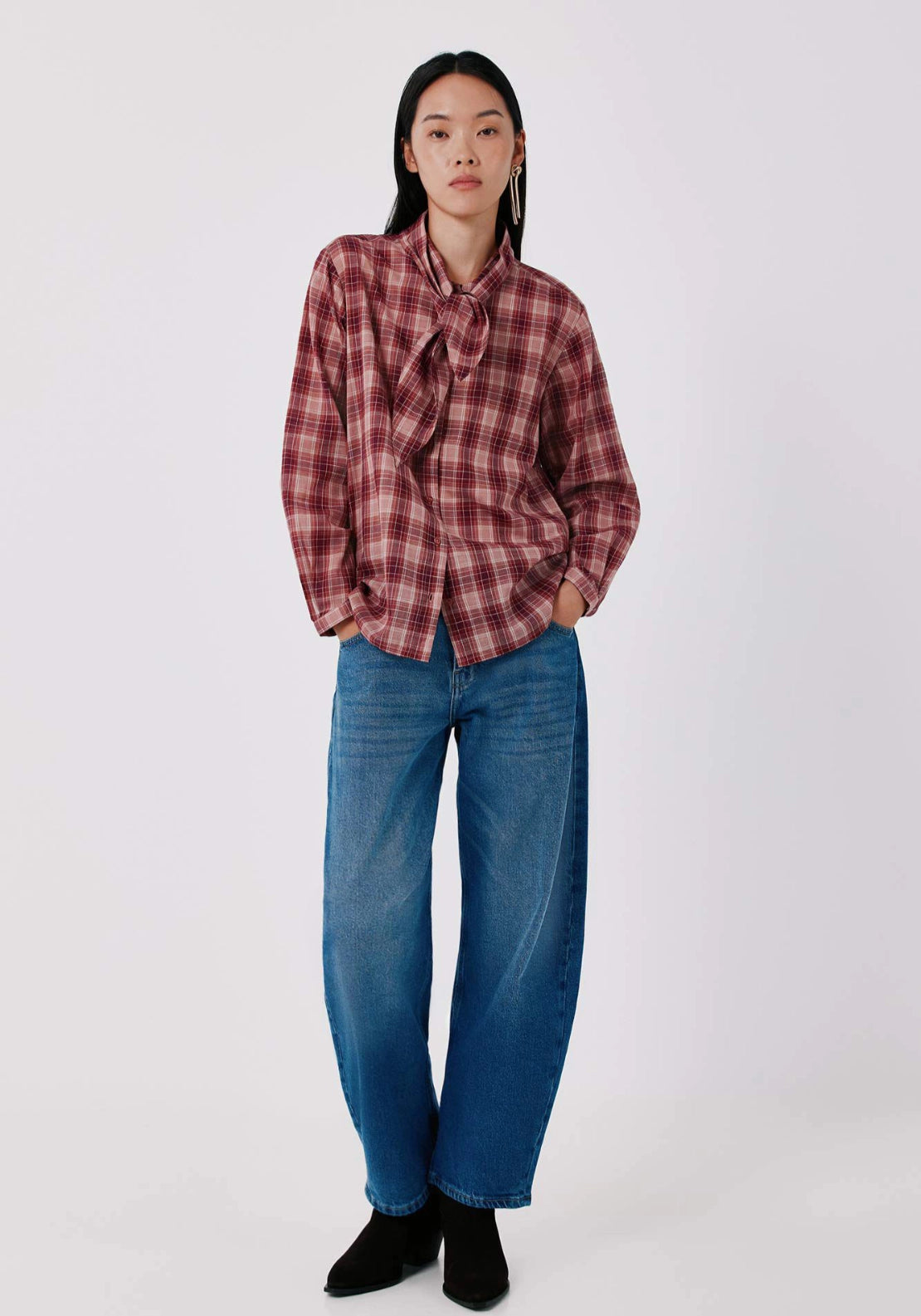 Plaid Tie Collar Blouse - Pink