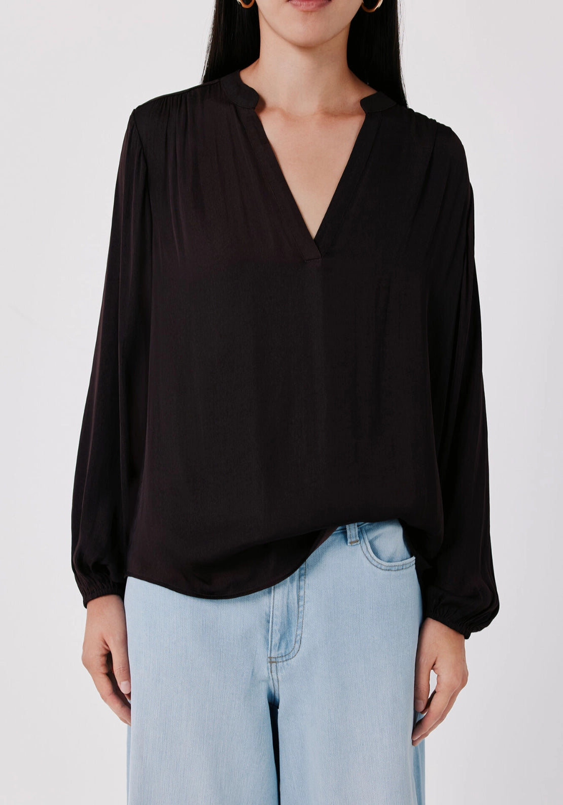 Satin-Finish Fluid Blouse - Dark Brown