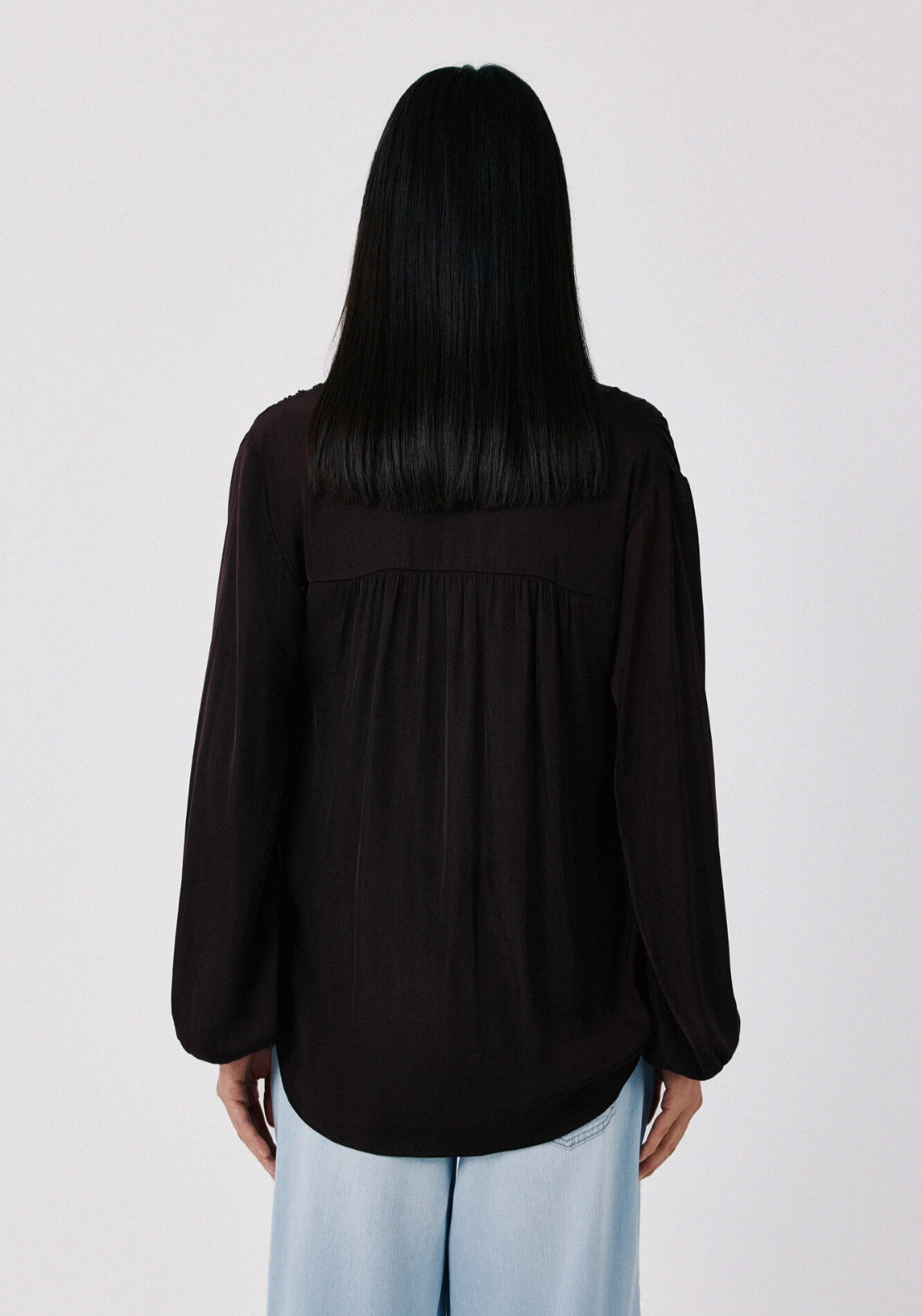 Satin-Finish Fluid Blouse - Dark Brown