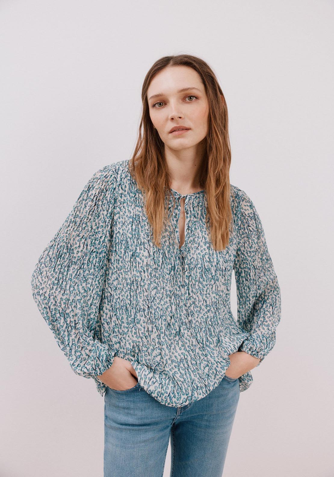 Cortefiel Pleated V-Neckline Blouse - White Print 4 Shaws Department Stores