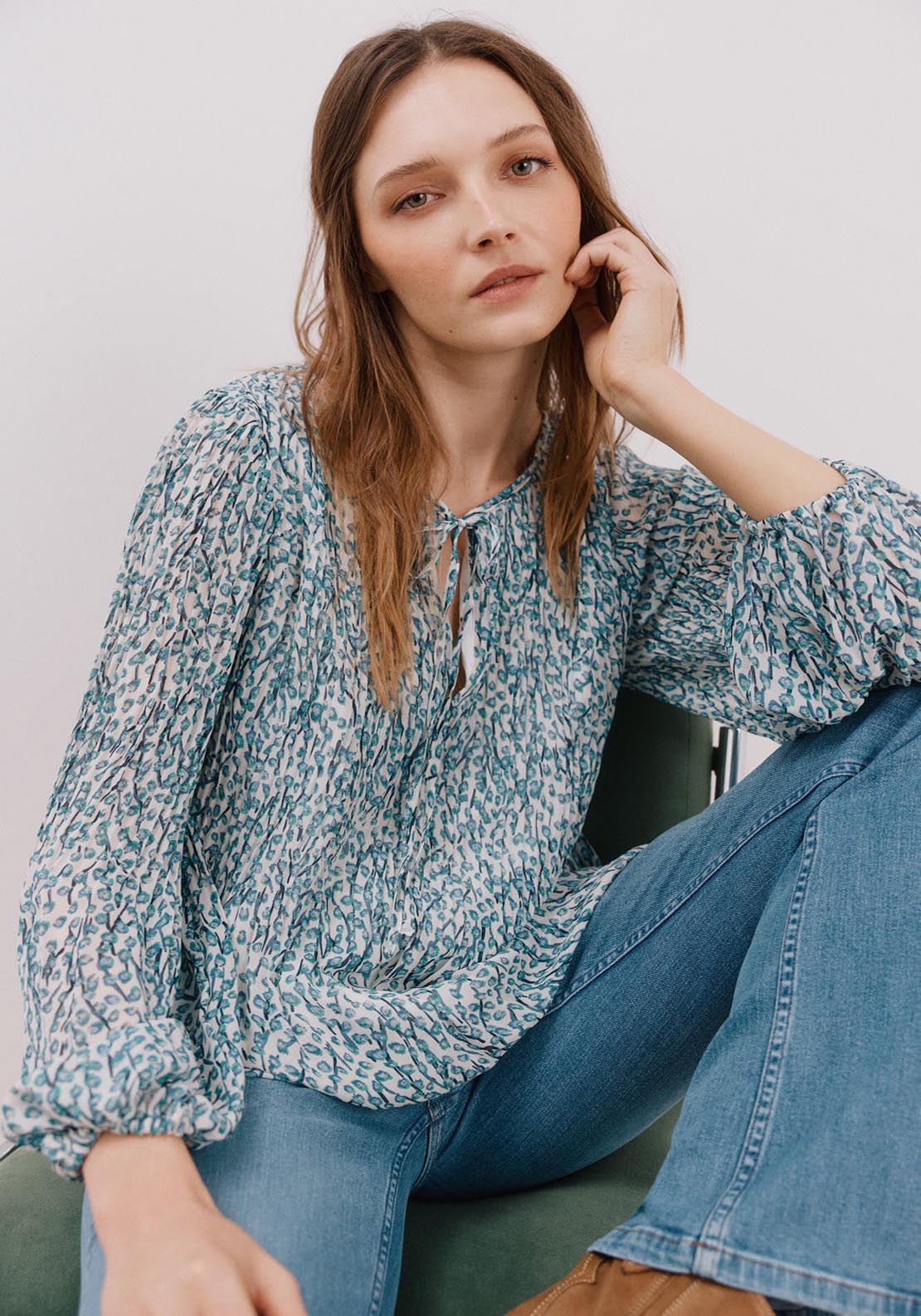 Cortefiel Pleated V-Neckline Blouse - White Print 1 Shaws Department Stores