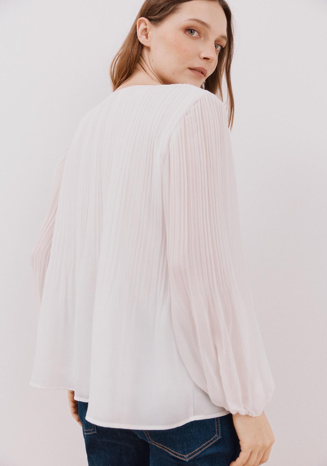 Cortefiel Pleated V Neckline Blouse - White 1 Shaws Department Stores