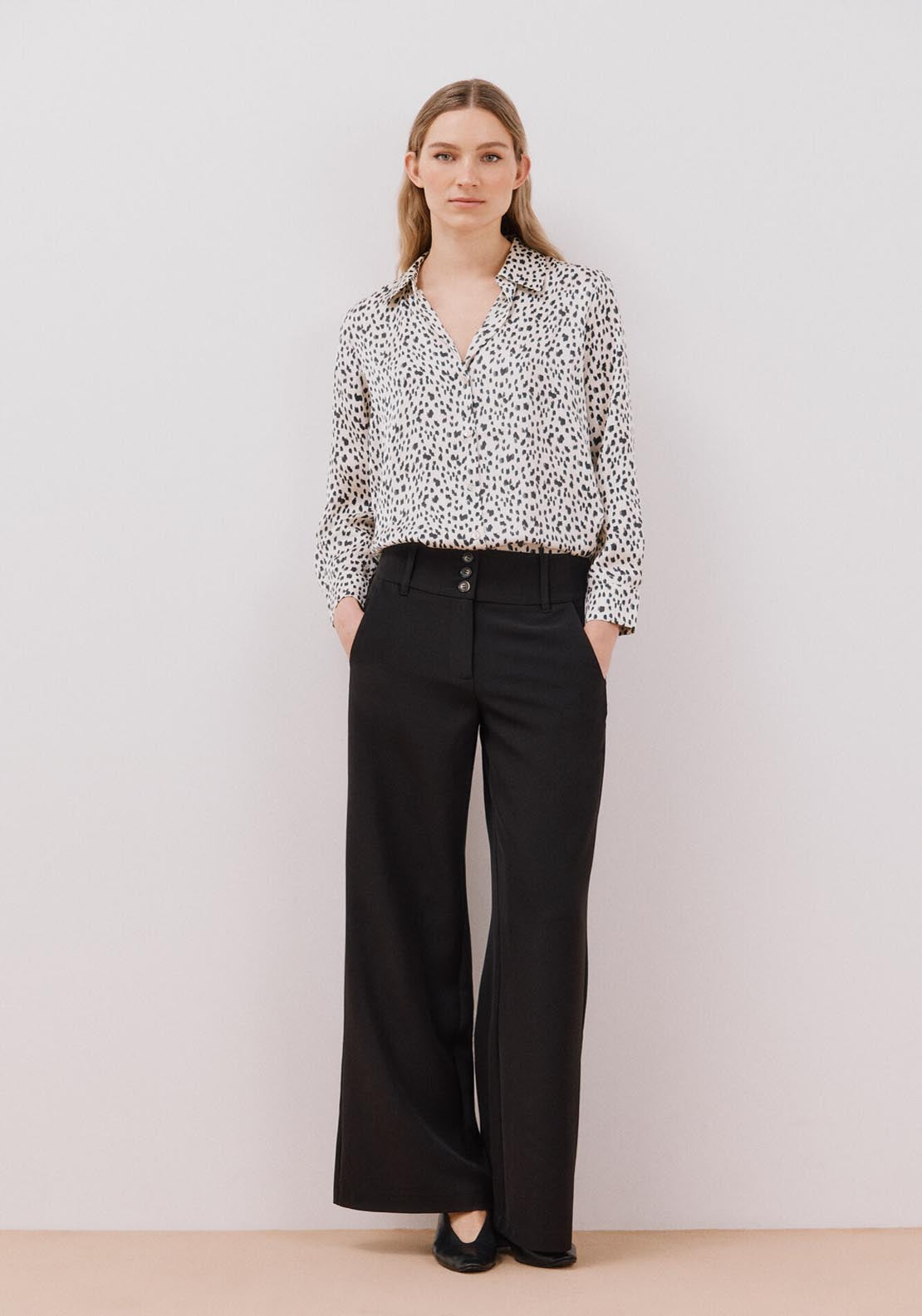 Cortefiel Long Sleeve Satin-Finish Blouse - Brown Print 3 Shaws Department Stores