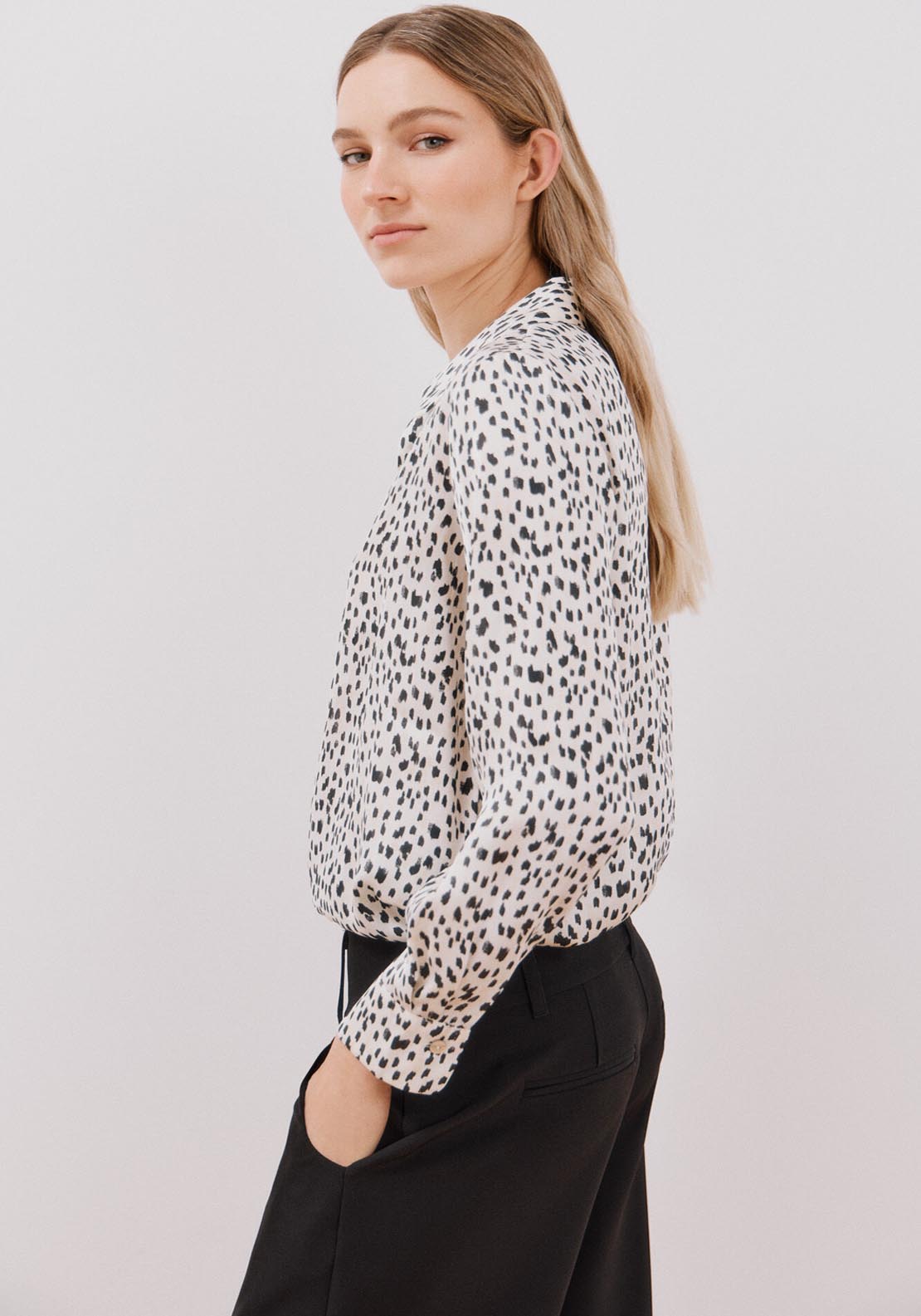 Cortefiel Long Sleeve Satin-Finish Blouse - Brown Print 4 Shaws Department Stores