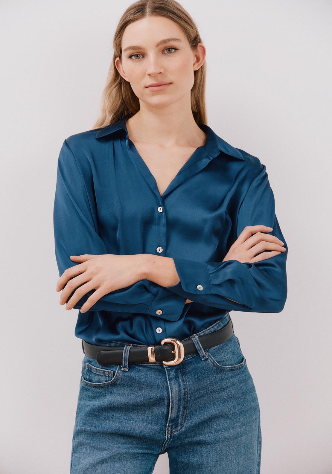 Cortefiel Long Sleeve Satin-Finish Blouse - Blues 1 Shaws Department Stores