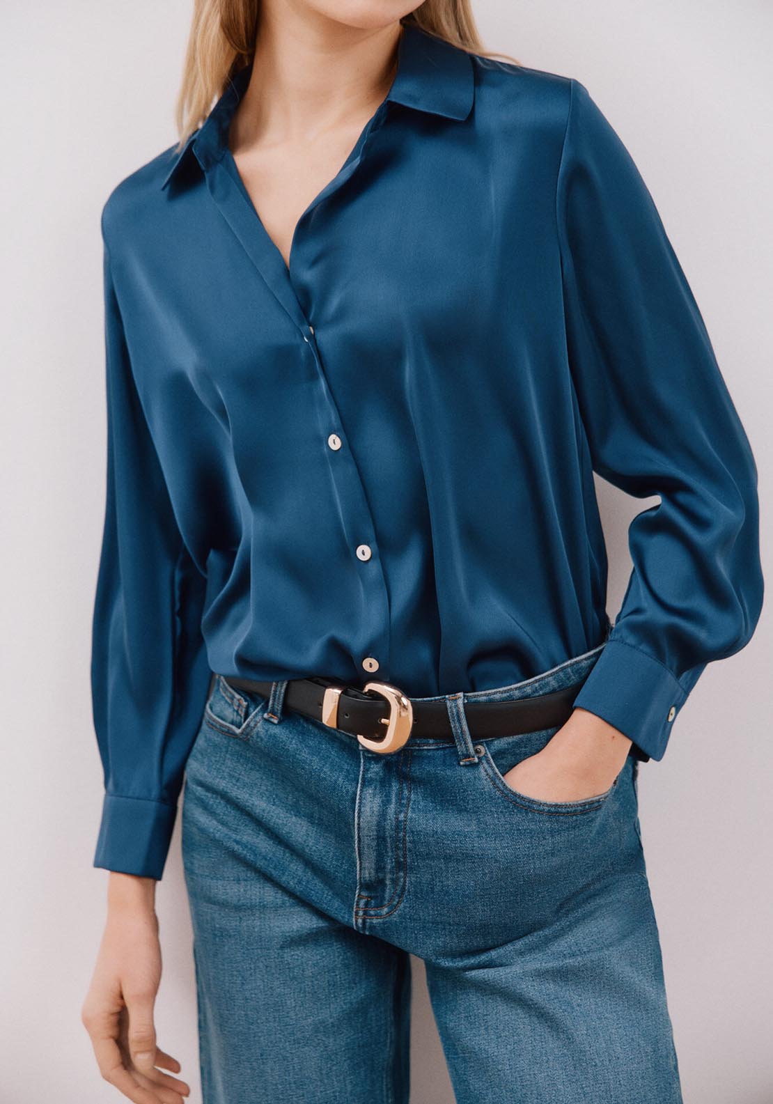 Cortefiel Long Sleeve Satin-Finish Blouse - Blues 2 Shaws Department Stores