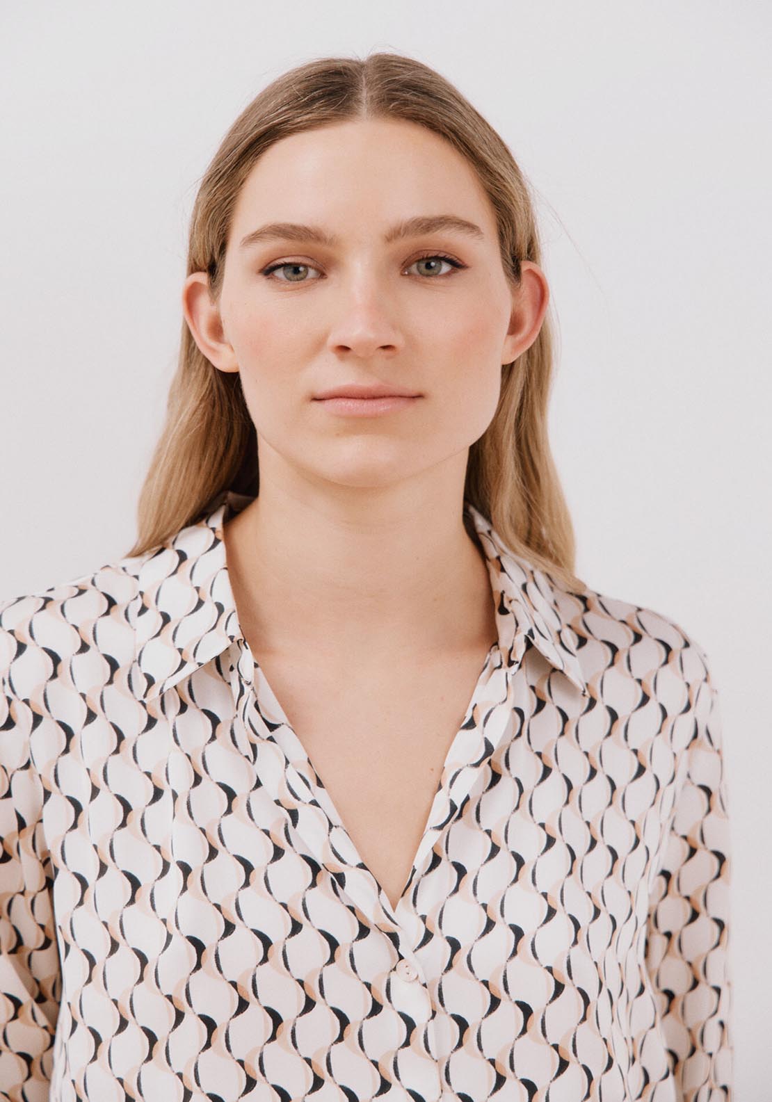 Cortefiel Long Sleeve Satin-Finish Blouse - White Print 3 Shaws Department Stores