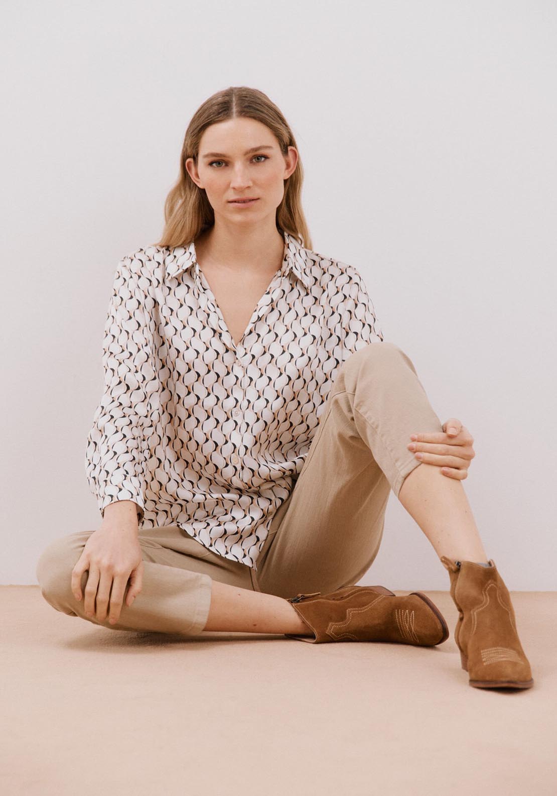 Cortefiel Long Sleeve Satin-Finish Blouse - White Print 2 Shaws Department Stores