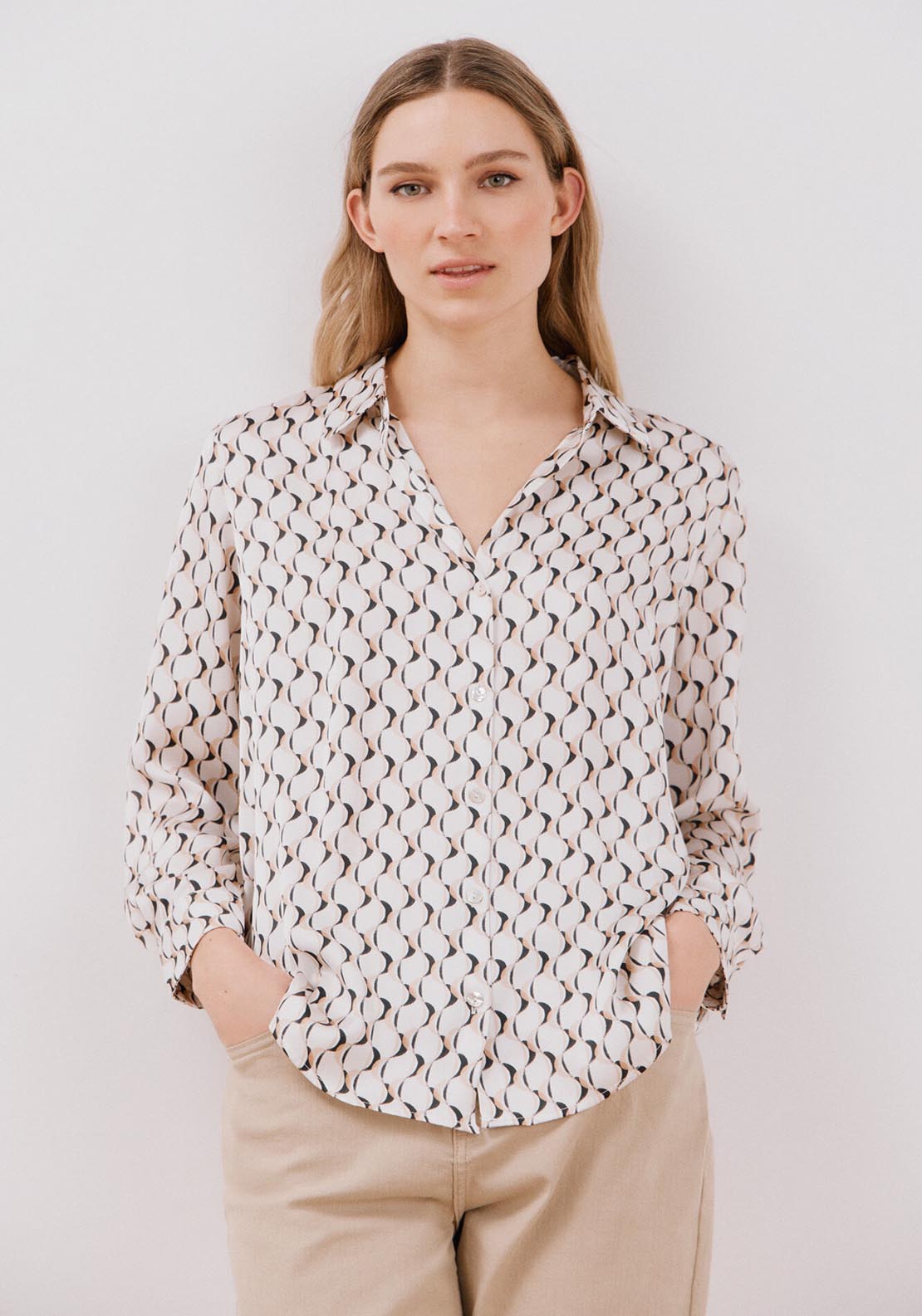 Cortefiel Long Sleeve Satin-Finish Blouse - White Print 1 Shaws Department Stores