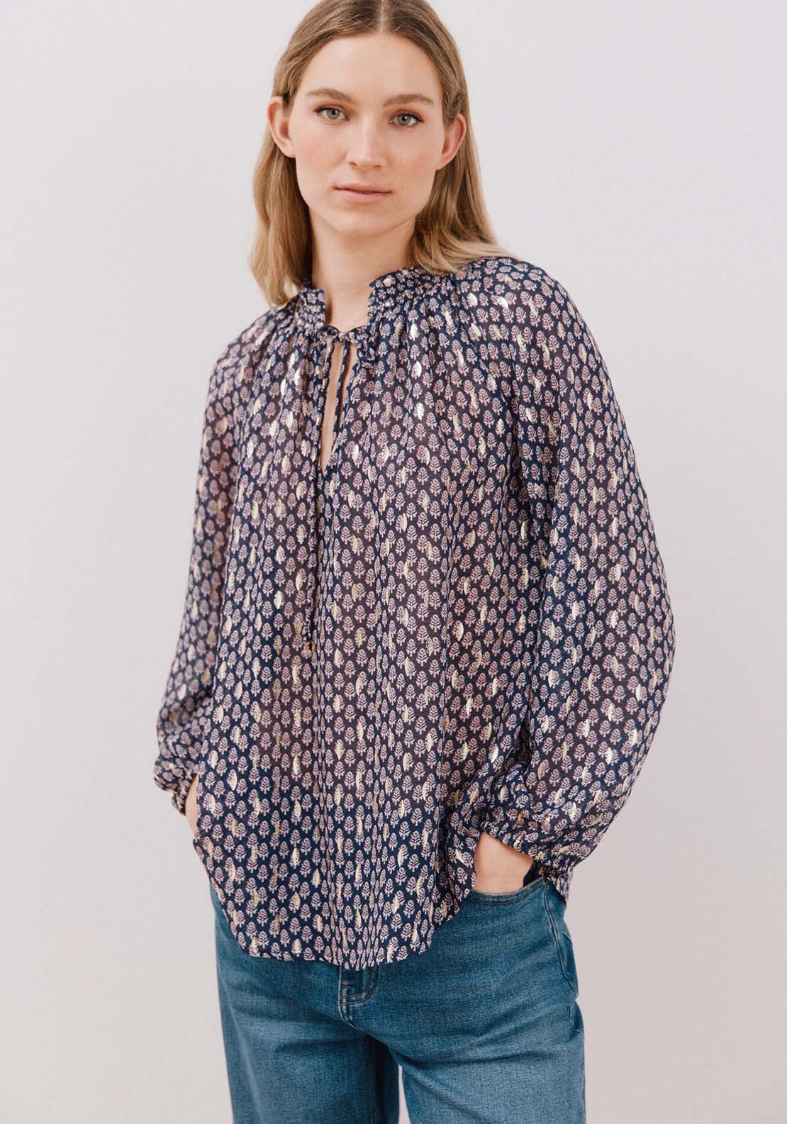 Cortefiel Blouse with honeycomb detail - Blue Print 1 Shaws Department Stores