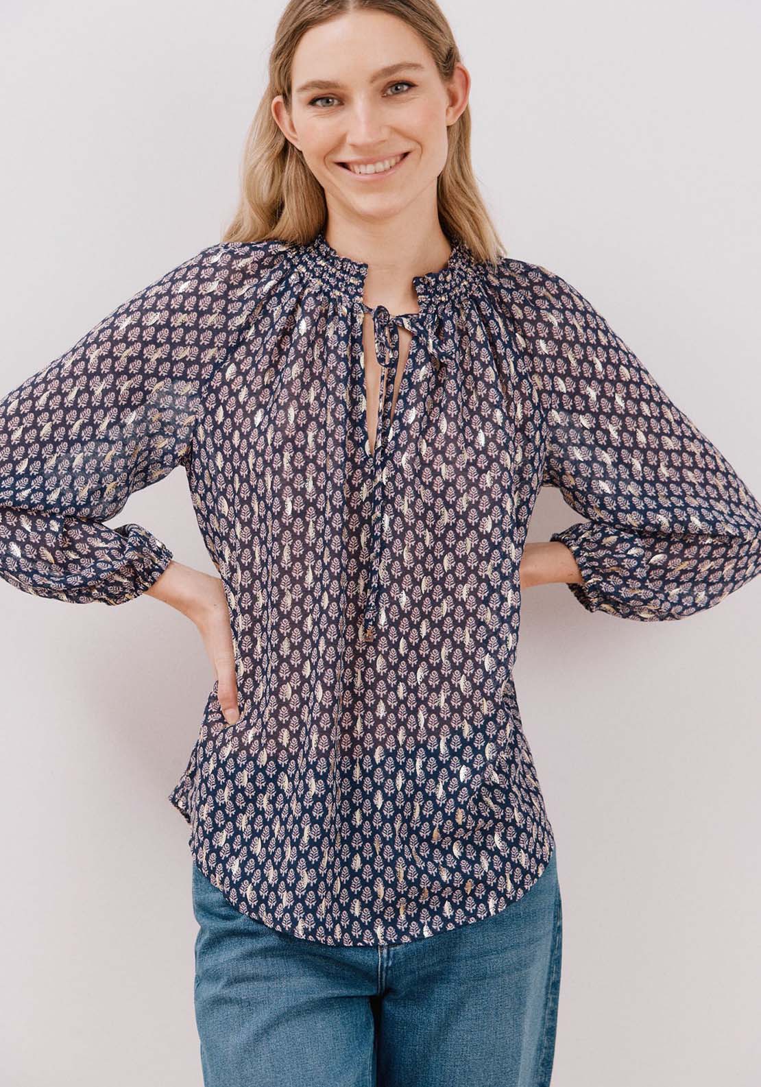 Cortefiel Blouse with honeycomb detail - Blue Print 4 Shaws Department Stores