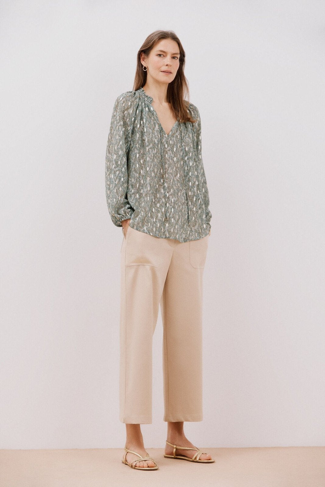 Cortefiel Blouse with honeycomb detail - Green Print 5 Shaws Department Stores