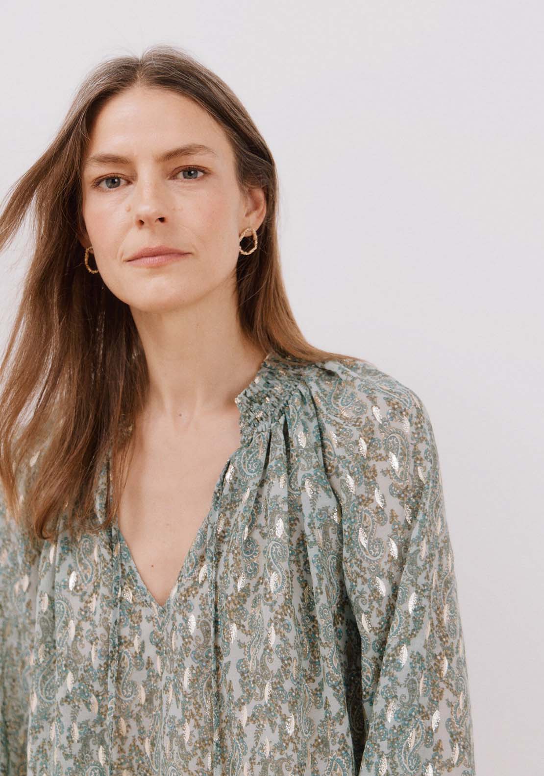 Cortefiel Blouse with honeycomb detail - Green Print 3 Shaws Department Stores