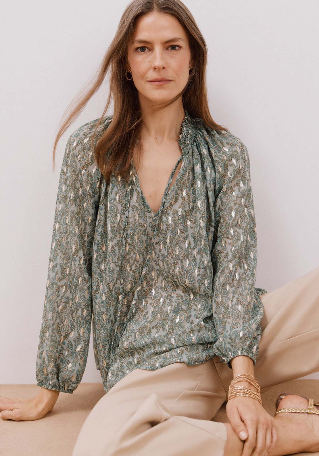 Cortefiel Blouse with honeycomb detail - Green Print 1 Shaws Department Stores