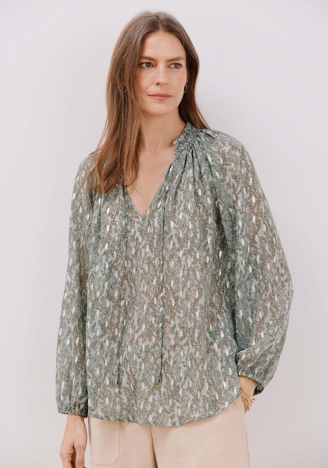 Cortefiel Blouse with honeycomb detail - Green Print 2 Shaws Department Stores