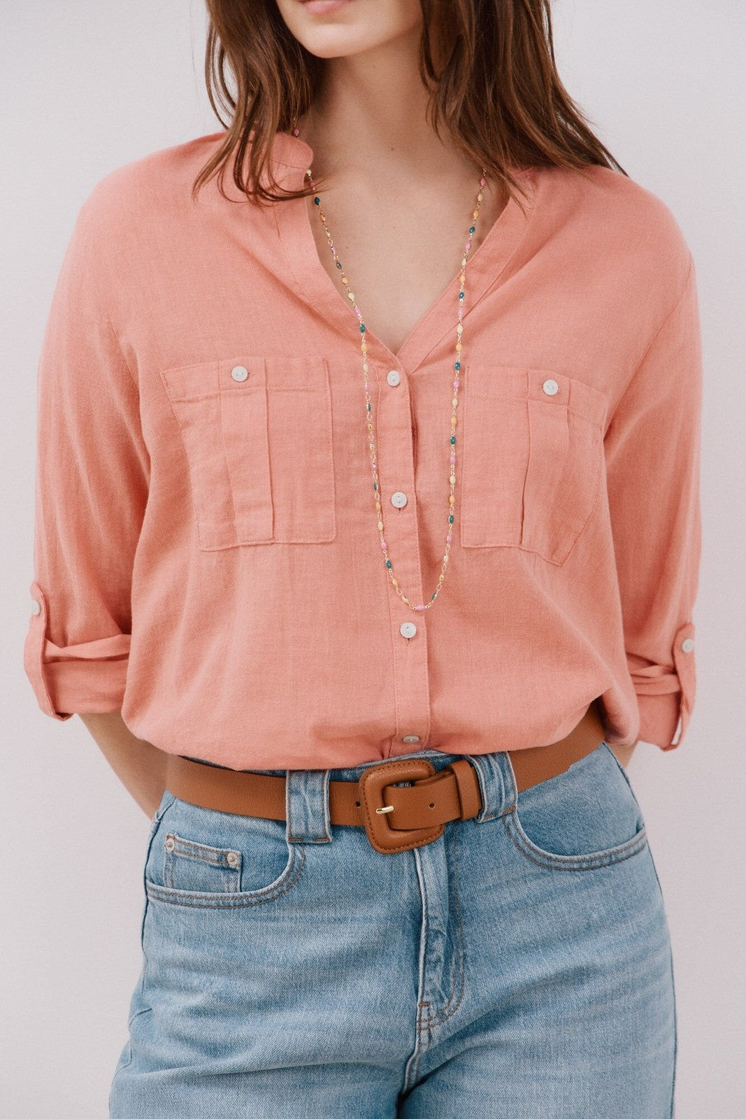 Cortefiel Long Sleeve Linen Shirt with Pockets - Coral 2 Shaws Department Stores