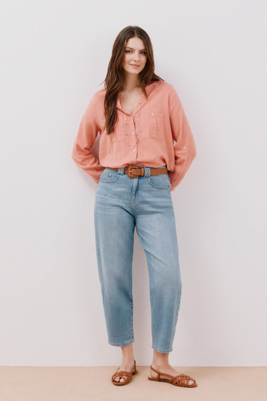 Cortefiel Long Sleeve Linen Shirt with Pockets - Coral 3 Shaws Department Stores