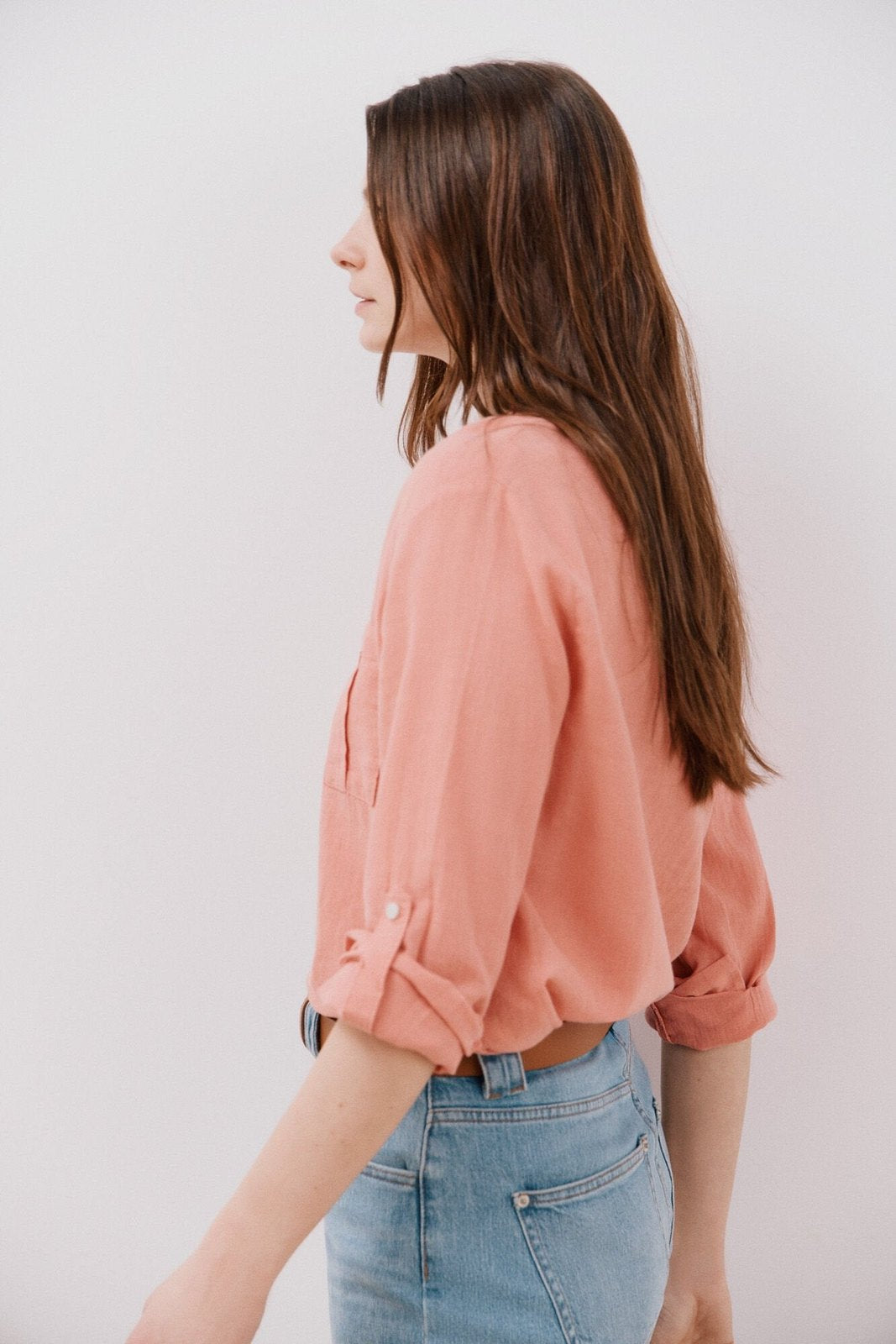 Cortefiel Long Sleeve Linen Shirt with Pockets - Coral 5 Shaws Department Stores