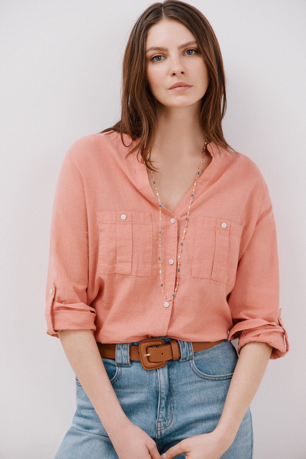 Cortefiel Long Sleeve Linen Shirt with Pockets - Coral 1 Shaws Department Stores