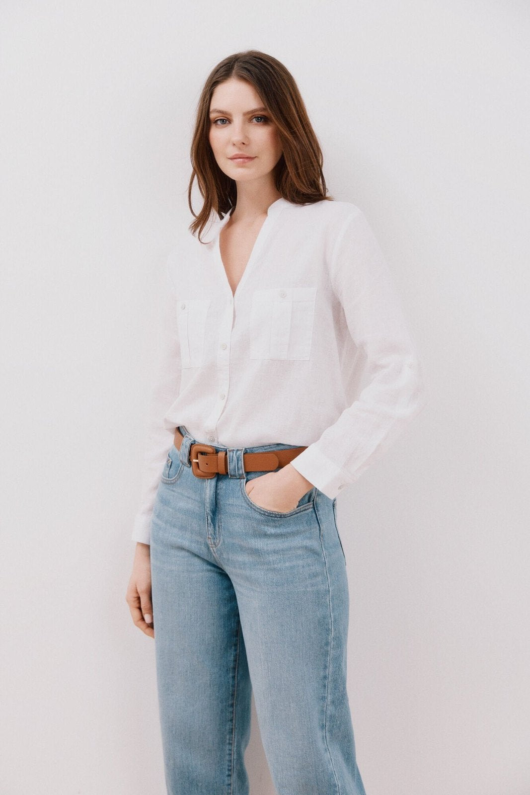 Cortefiel Long Sleeve Linen Shirt with Pockets - White 3 Shaws Department Stores