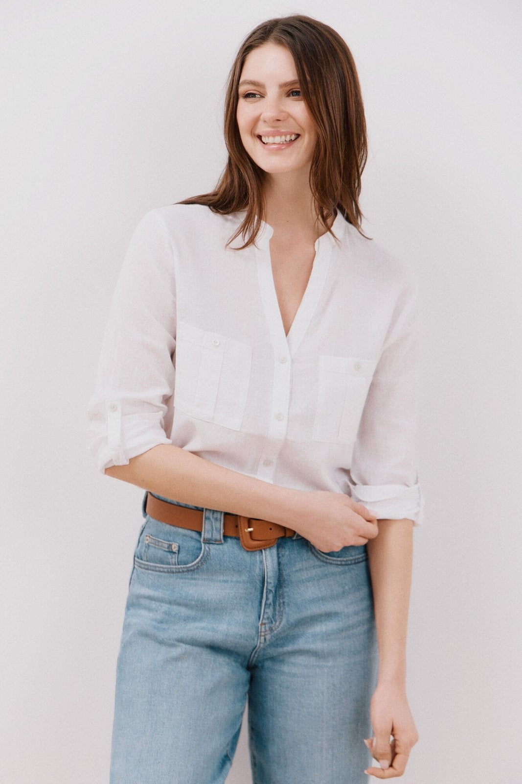 Cortefiel Long Sleeve Linen Shirt with Pockets - White 1 Shaws Department Stores