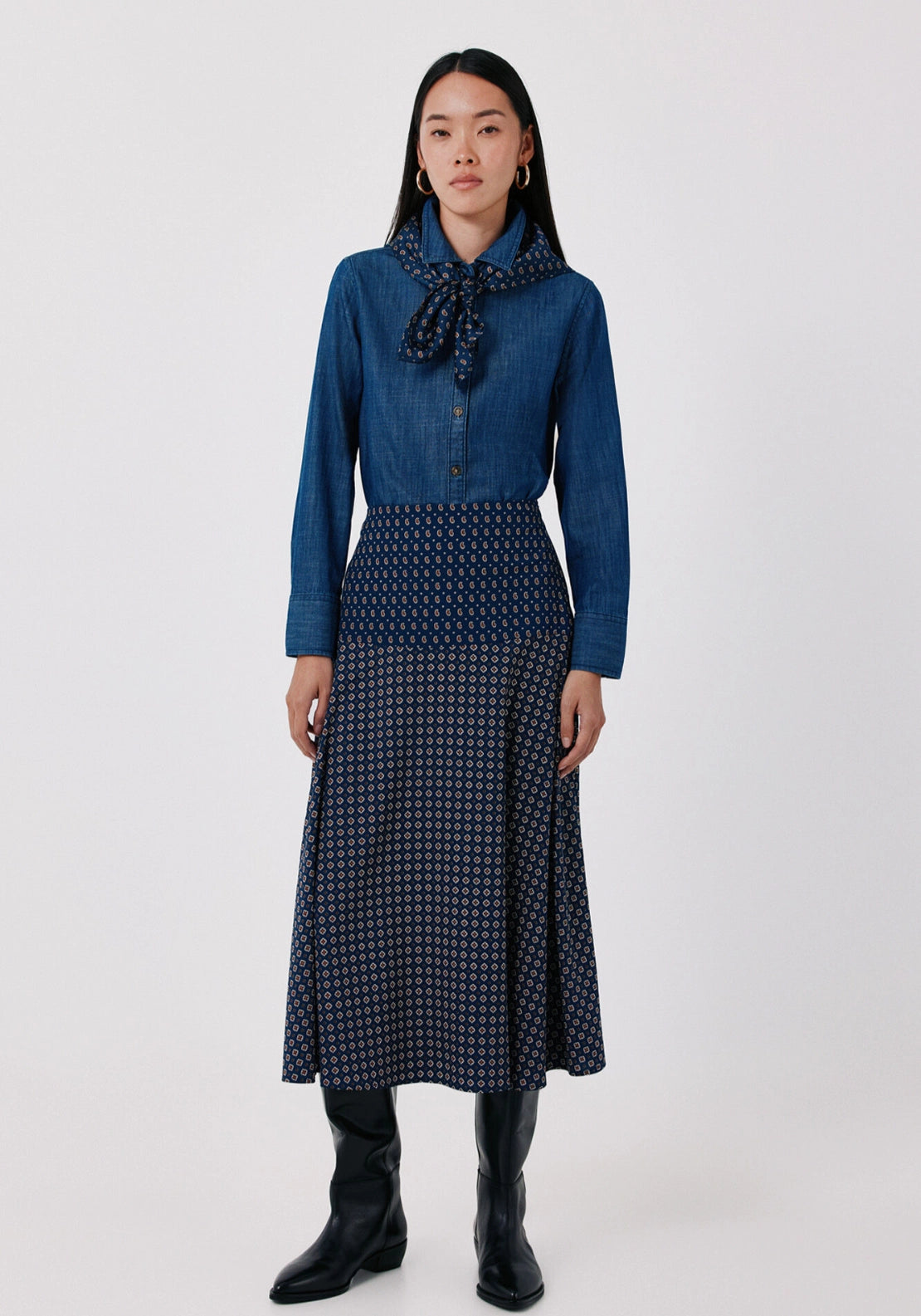 Printed A Line Long Skirt - Blue Print