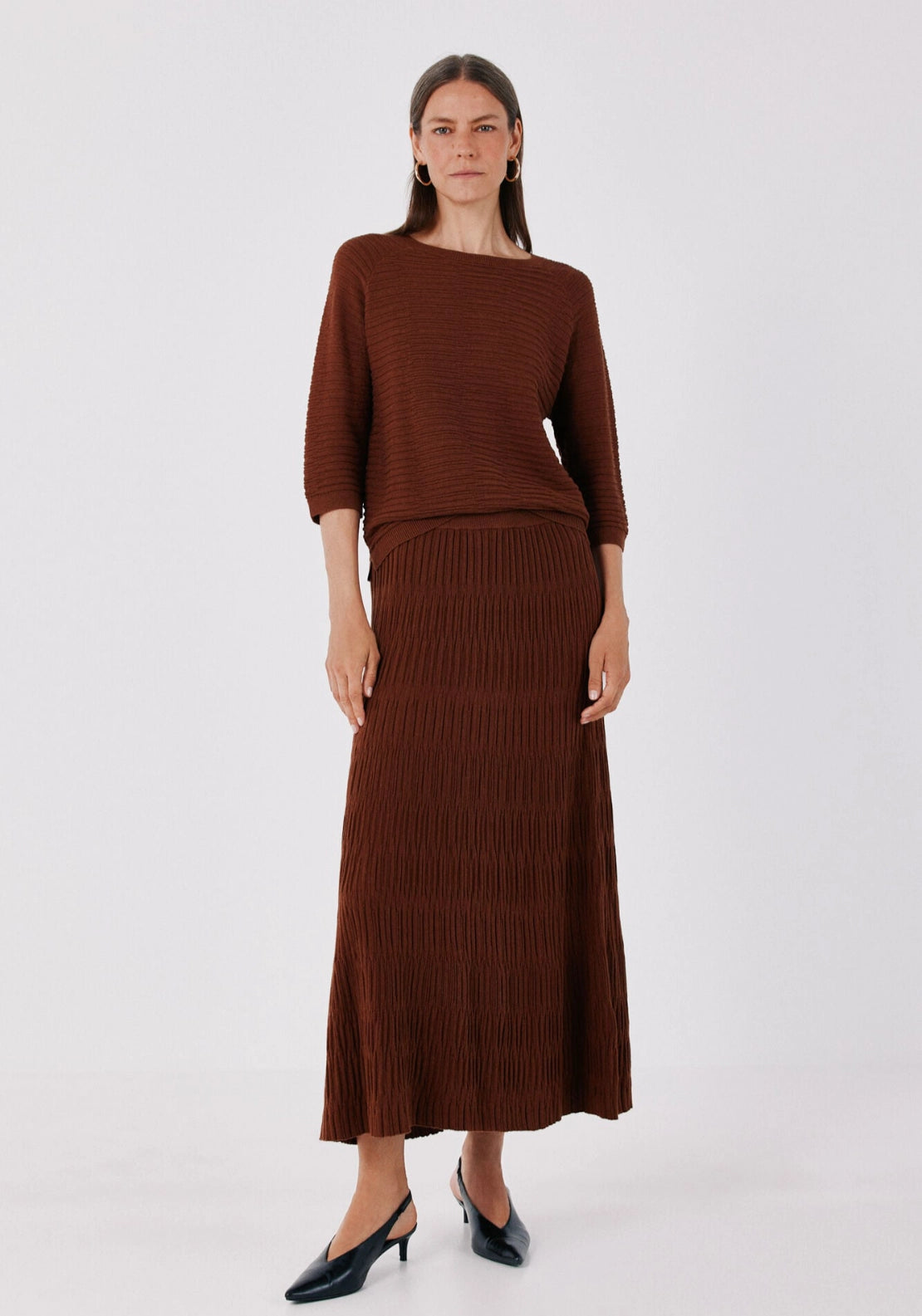 Jersey Knit A Line Midi Skirt - Dark Brown