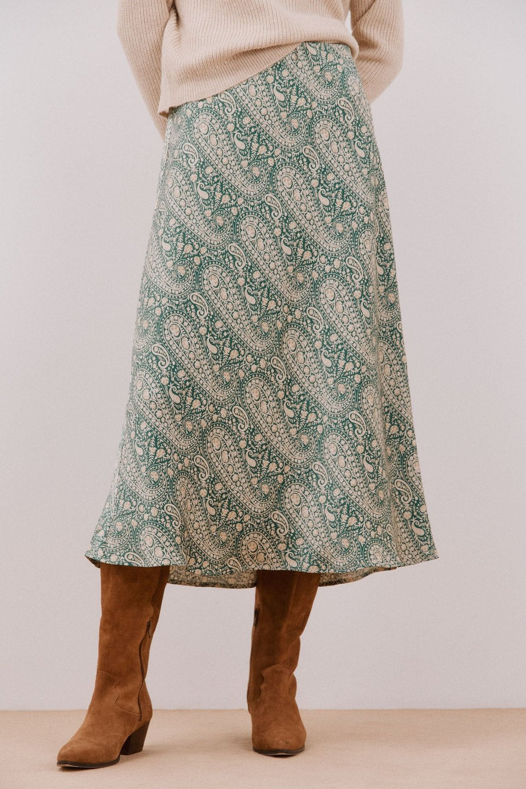 Cortefiel Printed satin midi skirt - Green Print 2 Shaws Department Stores