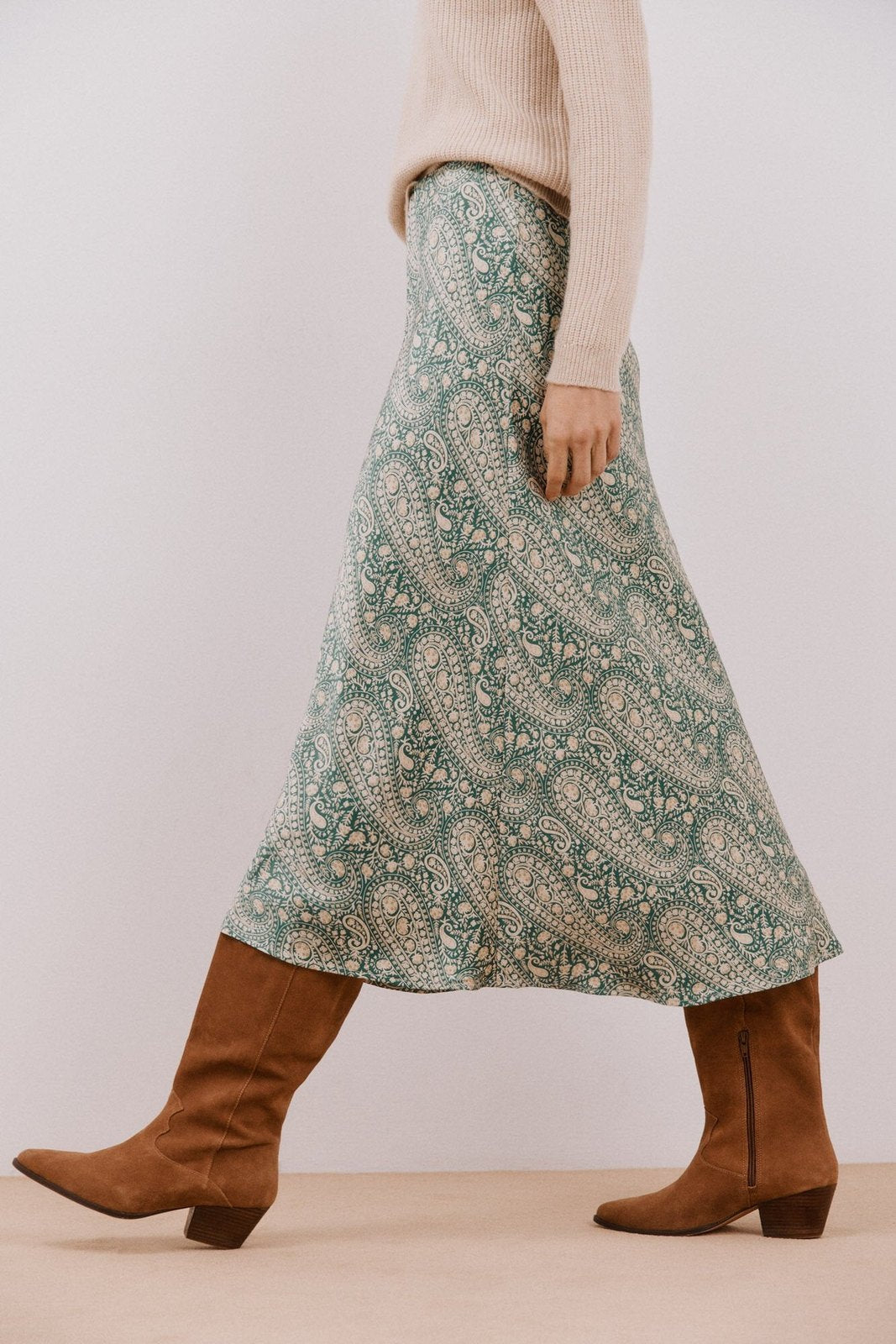 Cortefiel Printed satin midi skirt - Green Print 3 Shaws Department Stores