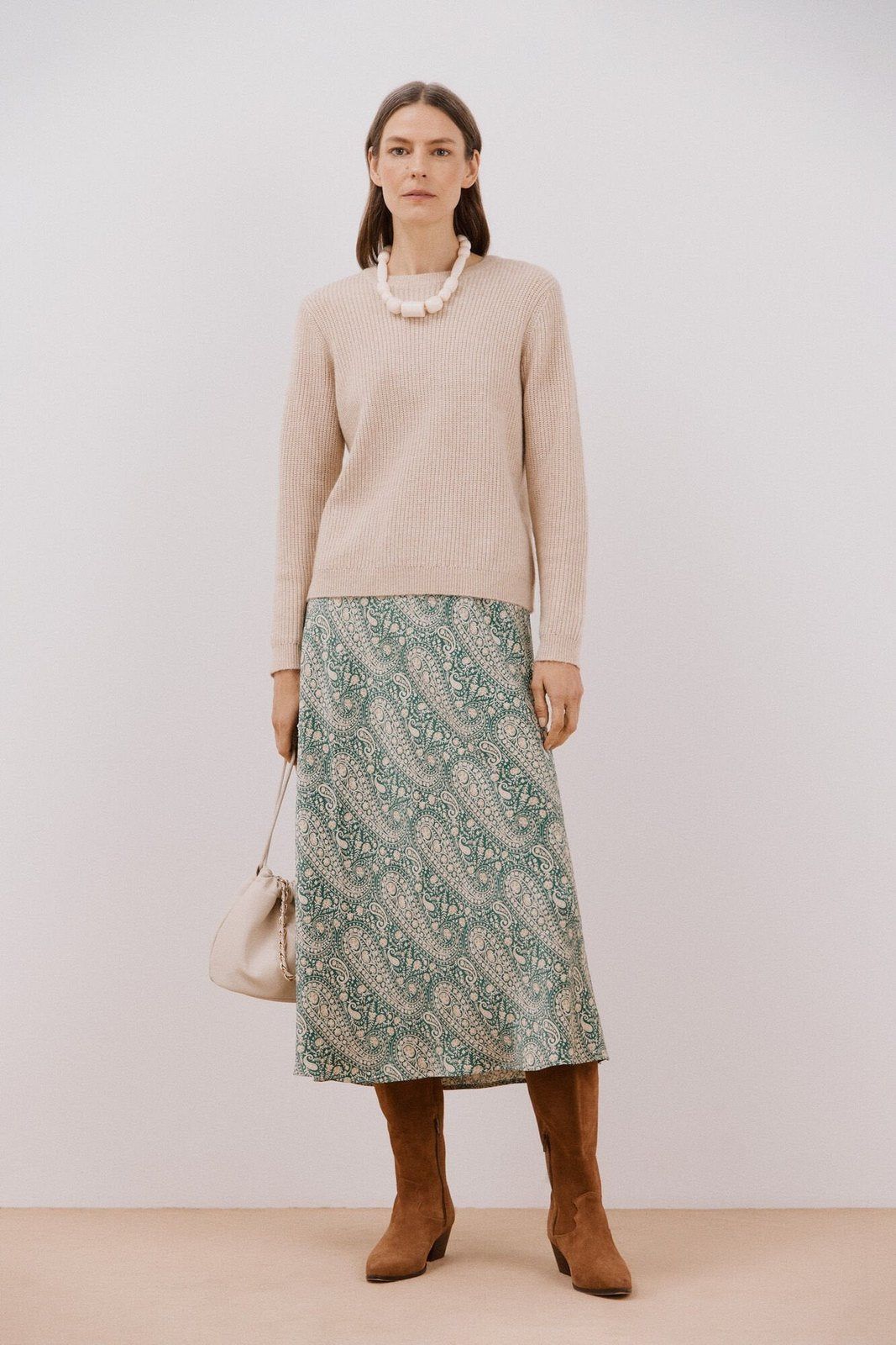 Cortefiel Printed satin midi skirt - Green Print 1 Shaws Department Stores