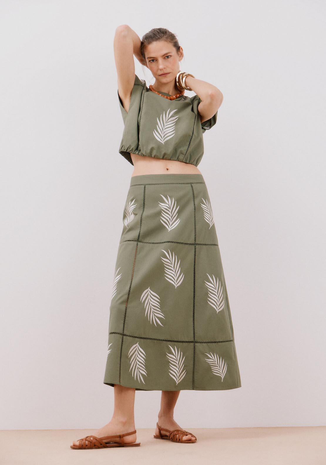 Cortefiel Long Skirt With Embroidered - Dark Khaki 5 Shaws Department Stores