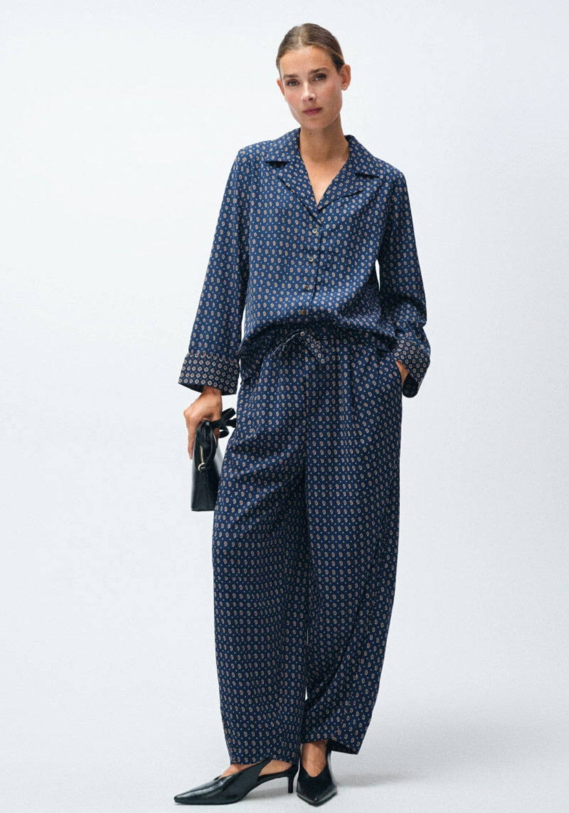 Printed Barrel Fluid Trousers - Blue Print