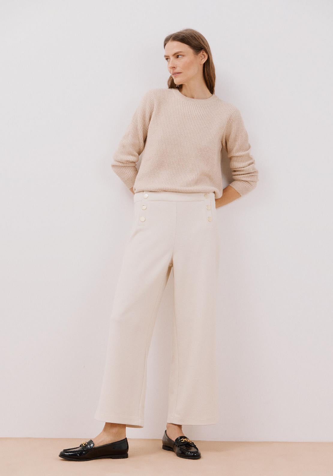 Cortefiel Knit Trousers With Buttons - Ivory 2 Shaws Department Stores