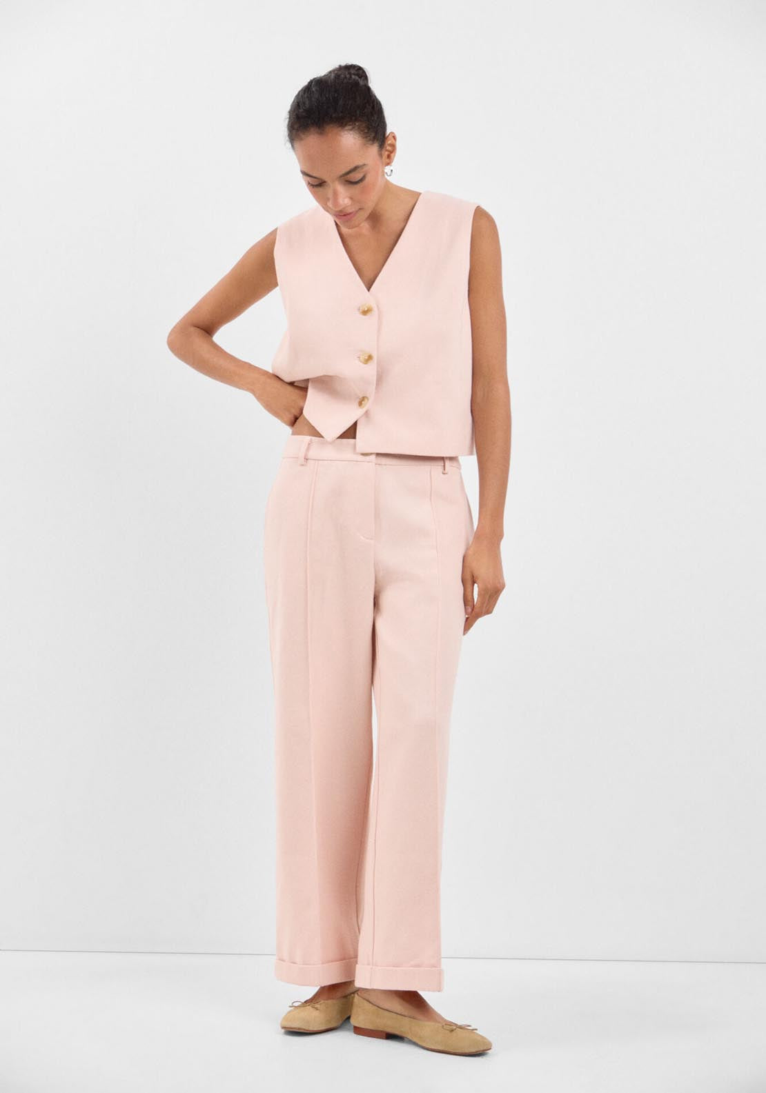 Cortefiel Serge Cropped Trousers - Pink 4 Shaws Department Stores