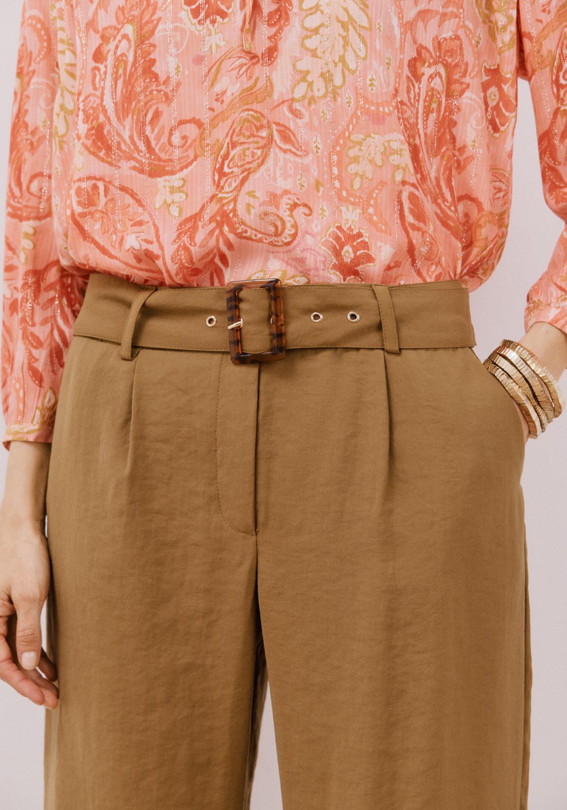 Cortefiel Trousers With Belt - Medium Khaki 3 Shaws Department Stores
