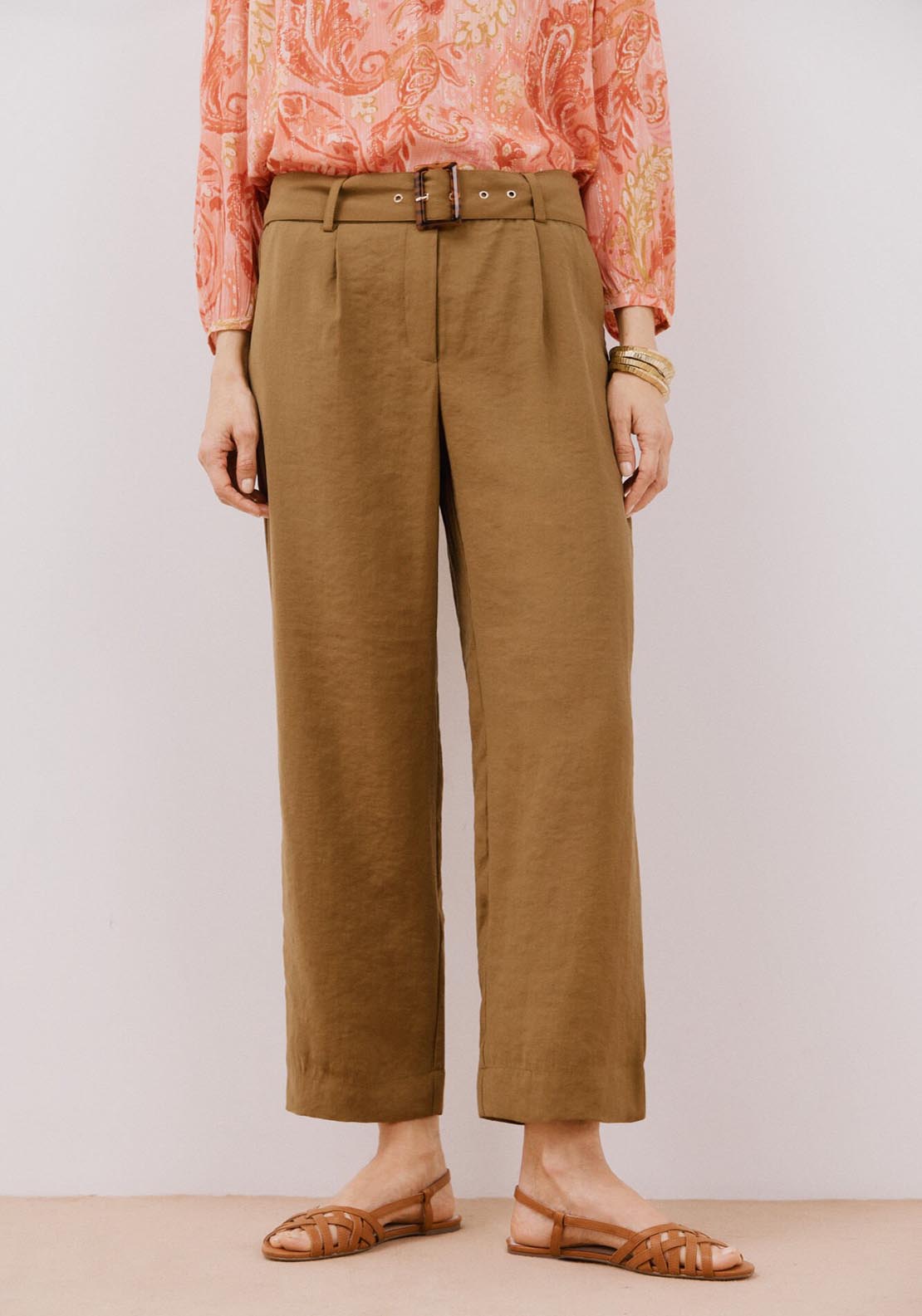 Cortefiel Trousers With Belt - Medium Khaki 1 Shaws Department Stores