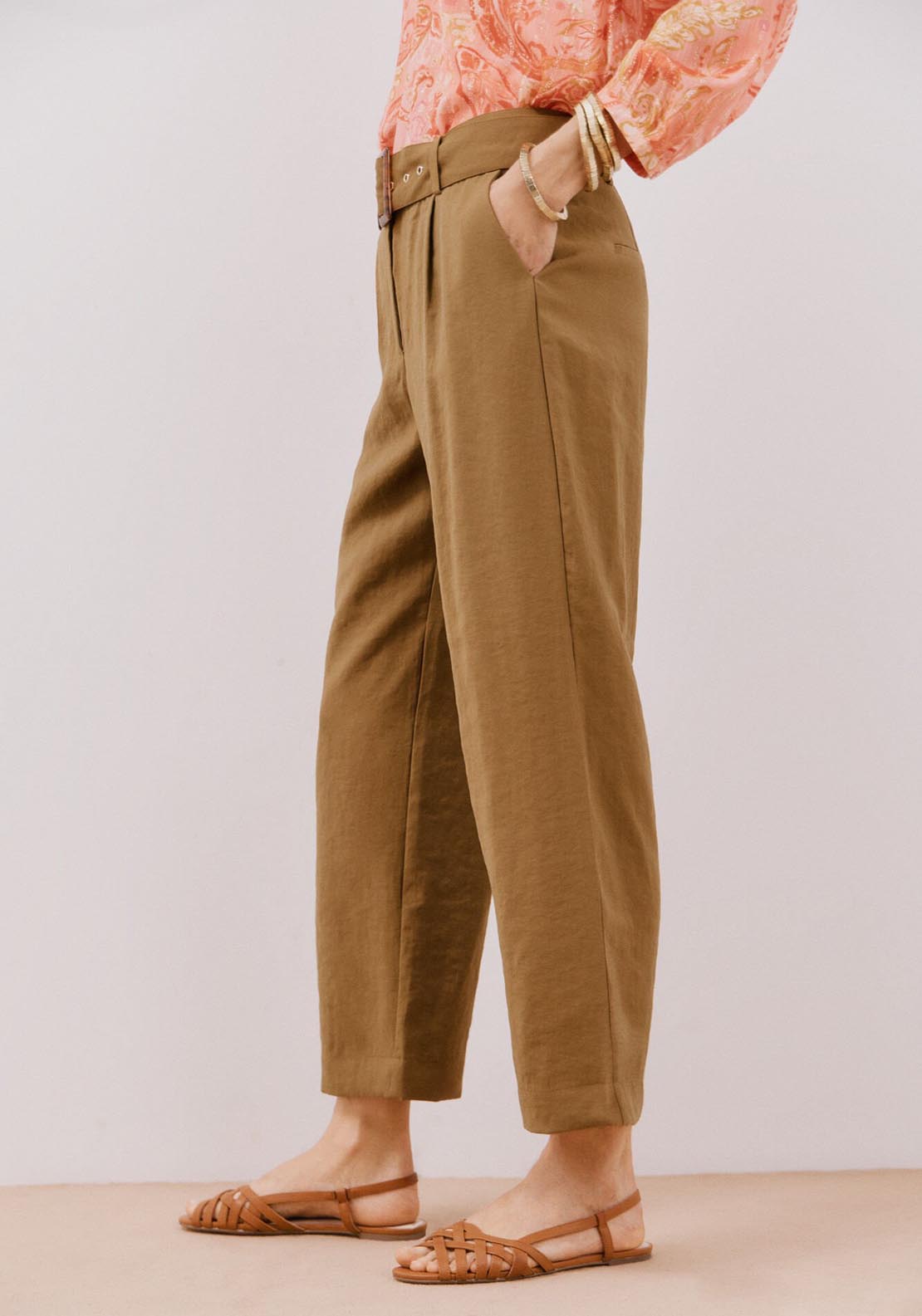 Cortefiel Trousers With Belt - Medium Khaki 2 Shaws Department Stores