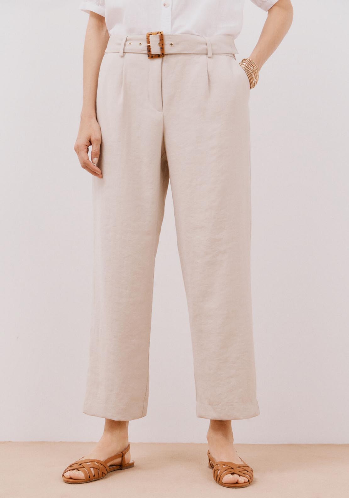 Cortefiel Trousers With Belt - Ivory 1 Shaws Department Stores