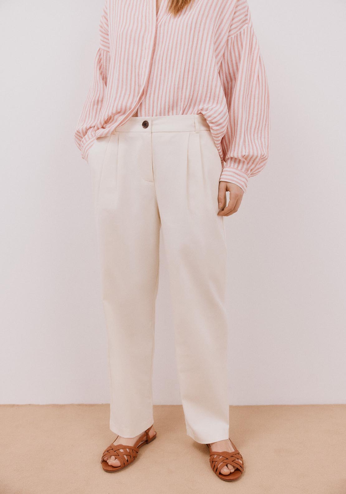 Cortefiel Wide Leg Trousers With Pleats - Ivory 1 Shaws Department Stores