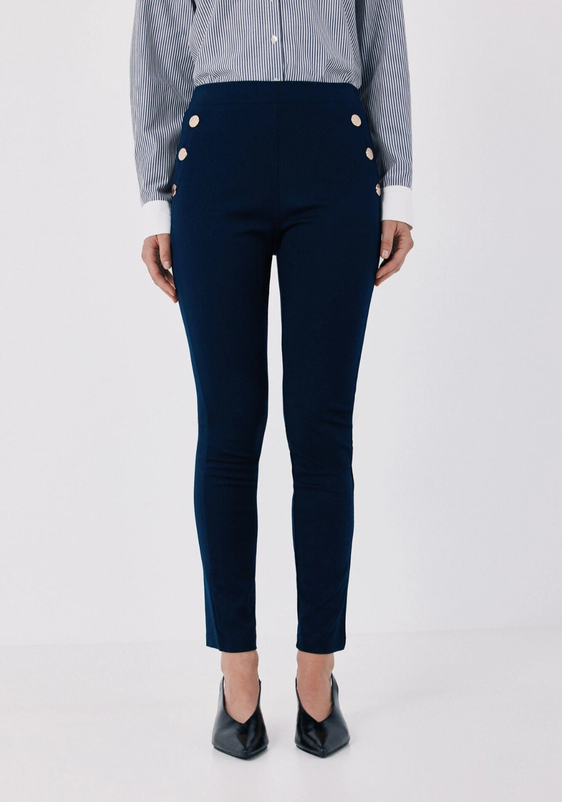 Elastic Waistband Legging With Snaps - Navy