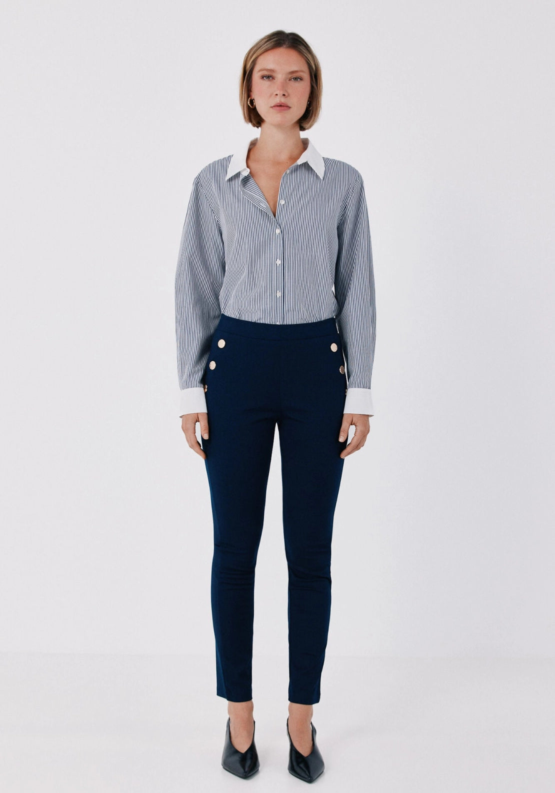 Elastic Waistband Legging With Snaps - Navy