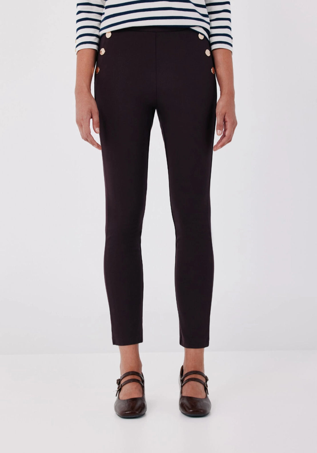 Elastic Waistband Legging With Snaps - Dark Brown