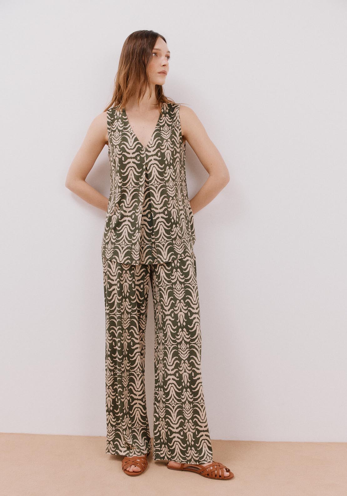 Cortefiel Printed Knit Trousers - Green Print 1 Shaws Department Stores