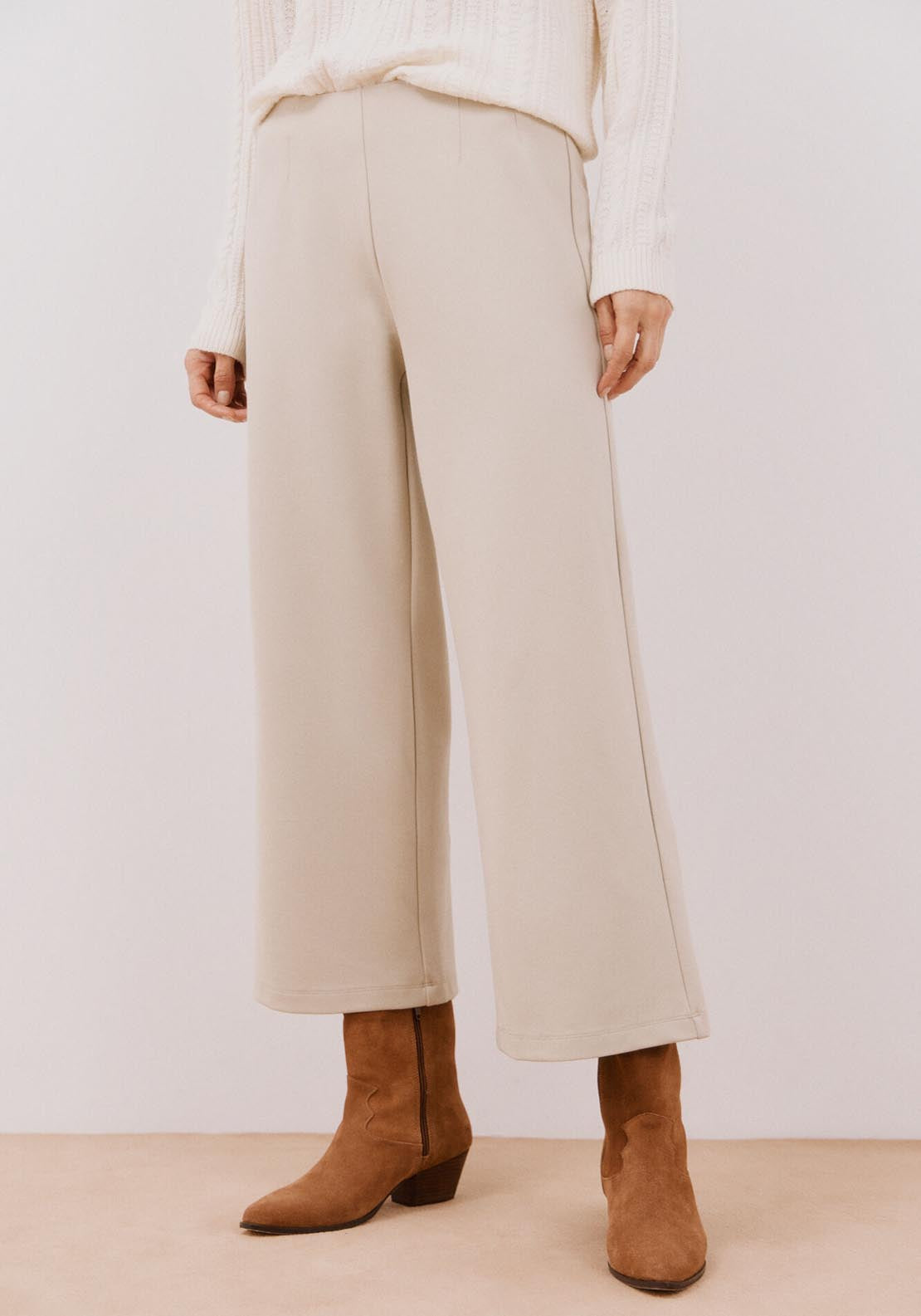 Cortefiel Knit Palazzo Trousers - Beige 1 Shaws Department Stores