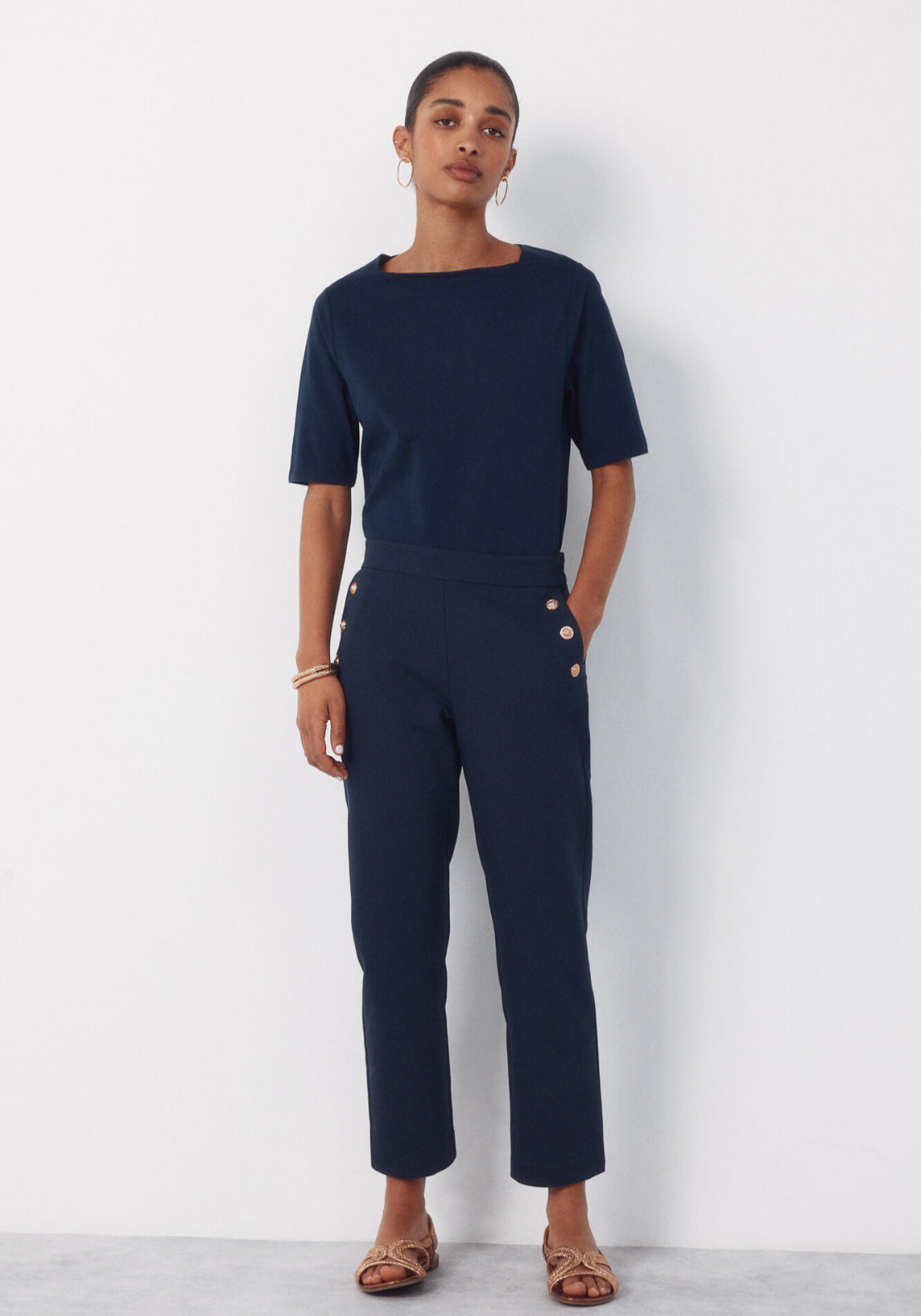 Cortefiel Gold Button Trousers - Blue 4 Shaws Department Stores