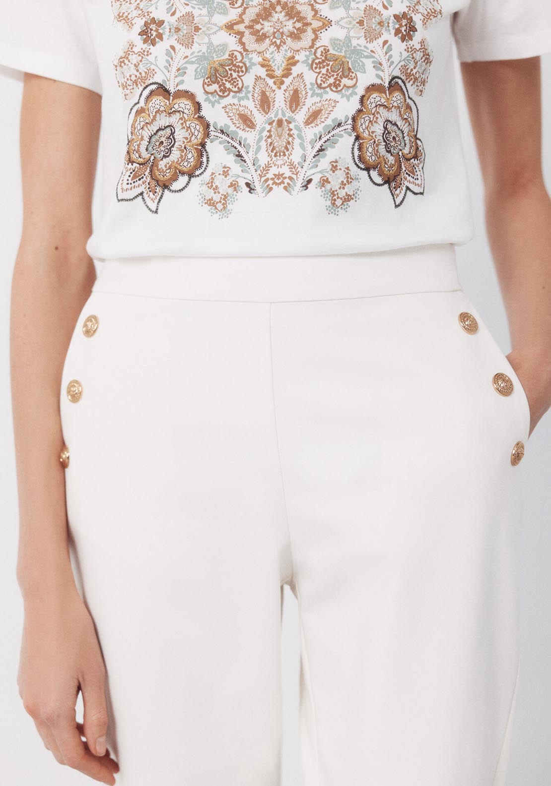 Gold Button Trousers - Cream