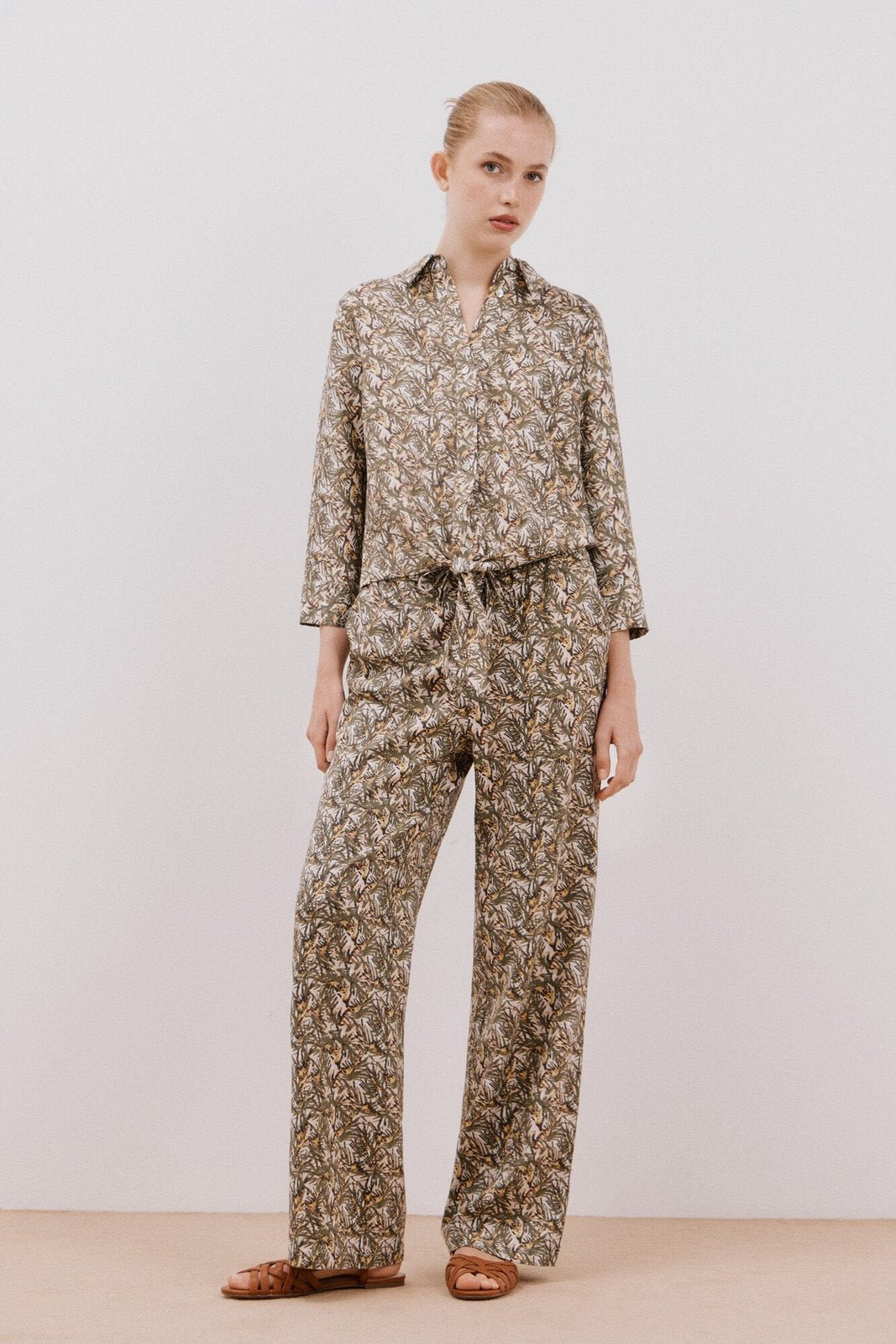 Cortefiel Printed Fluid Trousers - Green Print 8 Shaws Department Stores